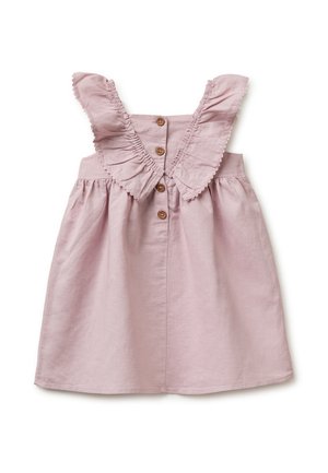 Hellrosa ärmelloses Babykleid mit gerüschten Trägern und vier Holzknöpfen in der Rückenmitte.