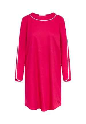 Rosa langärmeliges Kleid aus weichem Stoff mit rundem Halsausschnitt, verziert mit weißem Paspel entlang der Ärmel und einem abgerundeten Saum unten.