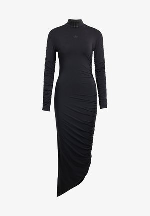 Černé šaty s dlouhým rukávem a stojáčkem, vyrobené z elastické tkaniny. Mají boční řasení a asymetrický spodní lem pro přizpůsobený střih.