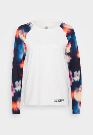 White long-sleeve shirt with multicolored tie-dye pattern on sleeves, crew neck, and "BURTON" logo near hem on front left side.