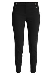 Pantalons noirs ajustés en tissu lisse, présentant une coupe slim, deux boutons sur le devant et un design épuré et minimaliste.