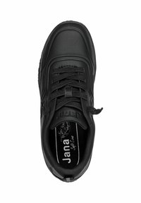 Black sneaker with synthetic leather upper, round toe, and flat laces. Includes textured details and a cushioned insole with branding.