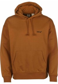 Felpa cappuccio marrone realizzata in morbido tessuto, con tasca a marsupio frontale, cordini e un piccolo logo nero sul petto. Design dalla vestibilità rilassata.