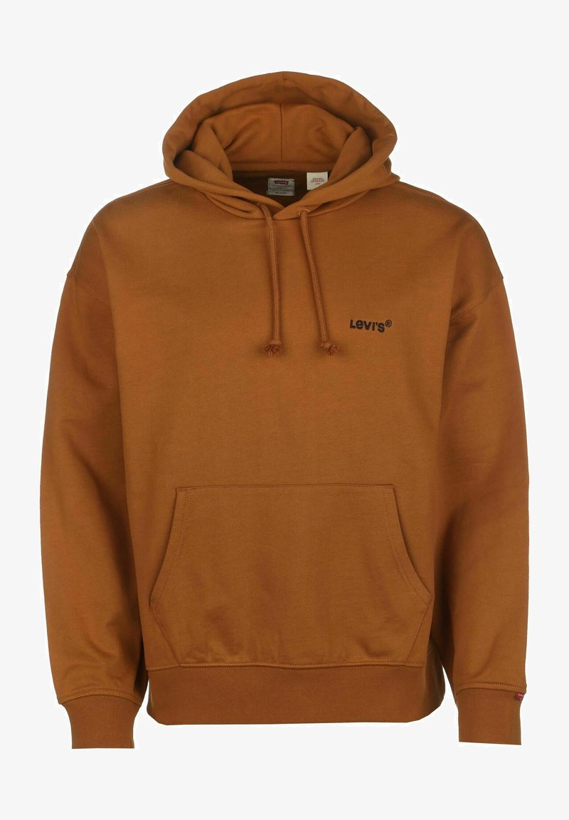 Felpa cappuccio marrone realizzata in morbido tessuto, con tasca a marsupio frontale, cordini e un piccolo logo nero sul petto. Design dalla vestibilità rilassata.