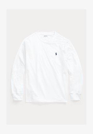 Wit shirt met lange mouwen en ronde hals, met een klein donkerblauw Polo Ralph Lauren-logo geborduurd op de linkerborst.