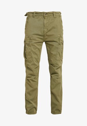 Oliwkowe spodnie cargo wykonane z bawełny, z dwoma bocznymi kieszeniami, dwoma kieszeniami cargo oraz zapięciem na guzik. Gładka tekstura, zwężany krój.