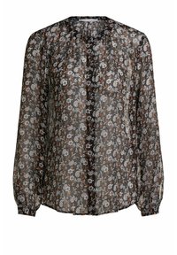 Zwarte blouse met bloemmotief en lange, volumineuze mouwen. Gemaakt van lichte, doorschijnende stof met witte en oranje bloemen en een geplooide halslijn.