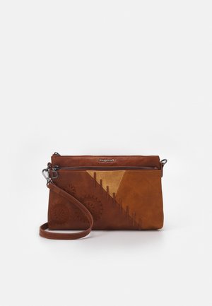 Brown leather clutch bag with zipper, decorative stitching, embossed circular patterns, and detachable wrist strap on white background.