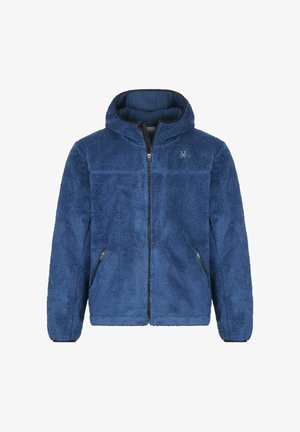 Giacca in pile blu con cappuccio, superficie textured, zip frontale completa, tasche laterali e logo ricamato sul petto sinistro.