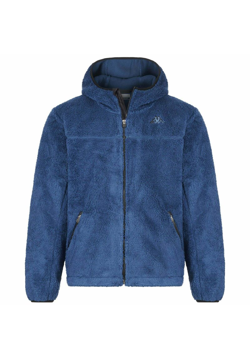 Giacca in pile blu con cappuccio, superficie textured, zip frontale completa, tasche laterali e logo ricamato sul petto sinistro.