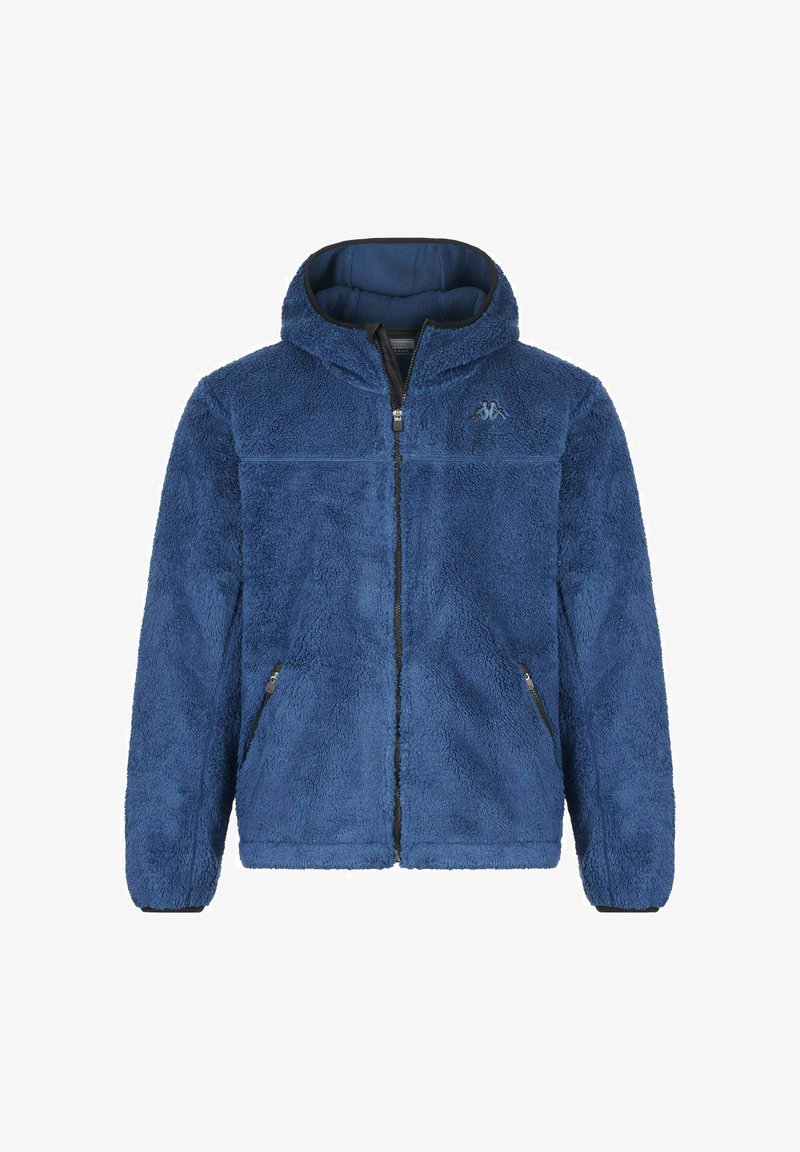 Giacca in pile blu con cappuccio, superficie textured, zip frontale completa, tasche laterali e logo ricamato sul petto sinistro.