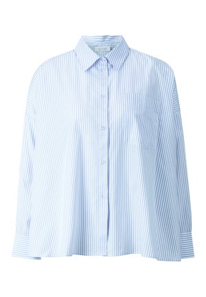 Light blue and white striped long-sleeve shirt with a button-down collar, breast pocket, and cuffed sleeves in a relaxed fit.