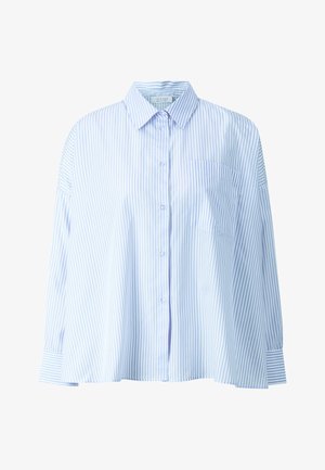 Chemise à manches longues bleu clair et blanche à rayures, avec un col boutonné, une poche poitrine et des manches à poignets, dans une coupe décontractée.