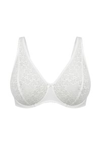 Fehér csipkés melltartó virágmintával, merevítővel és vastag állítható pántokkal, egyszínű fehér háttéren bemutatva.