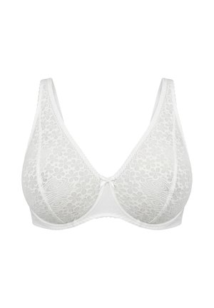 White lace bra with floral pattern, underwire support, and thick adjustable straps, displayed on a plain white background.