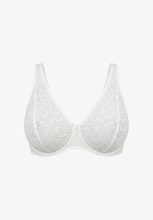 White lace bra with floral pattern, underwire support, and thick adjustable straps, displayed on a plain white background.
