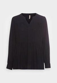 Blusa preta de mangas longas com decote em V, detalhes franzidos nos ombros e um corte solto com punhos elásticos. Tecido macio e leve.