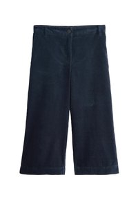 Navy corduroy culottes with a straight cut, featuring a front button closure and side pockets, smooth texture, and wide leg openings.