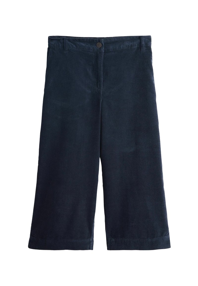 Navy corduroy culottes with a straight cut, featuring a front button closure and side pockets, smooth texture, and wide leg openings.