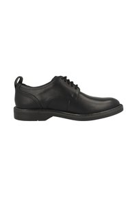 Zwarte leren dresschoenen met een ronde neus, vetersluiting en een lage hak. Gladde textuur met contrasterende stiksels langs de zool.