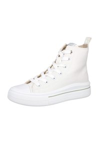 Zapatillas altas de lona blanca con puntera redonda, parte frontal con cordones y suela de goma texturizada que presenta una sutil raya verde.