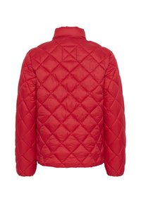 Red quilted puffer jacket featuring a high collar and long sleeves, with a diamond pattern across the surface and a smooth, shiny texture.