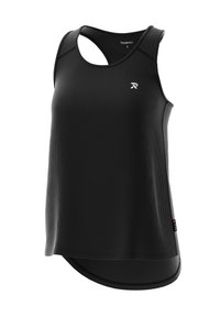 Zwarte sportieve tanktop met ribbelstructuur, racerback design en een ronde zoom. Bevat een klein logo op de borst en een zijtag.