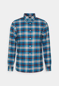 Heren langemouwen ruitjesoverhemd in blauw, rood en wit. Voorzien van een button-down kraag en knopen aan de voorkant. Gemaakt van een katoenmix.