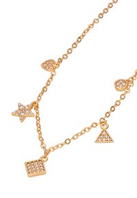 Aranyszínű nyaklánc több függővel: egy csillag, szív, háromszög és négyzet, mindegyik strasszokkal díszítve, lánc szemekből készült.