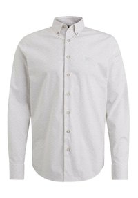 Witte langärmelige shirt met een button-down kraag, voorzien van een subtiel gespikkeld patroon en standaard knoopsluitingen aan de voorkant.