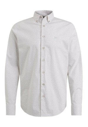 Witte langärmelige shirt met een button-down kraag, voorzien van een subtiel gespikkeld patroon en standaard knoopsluitingen aan de voorkant.