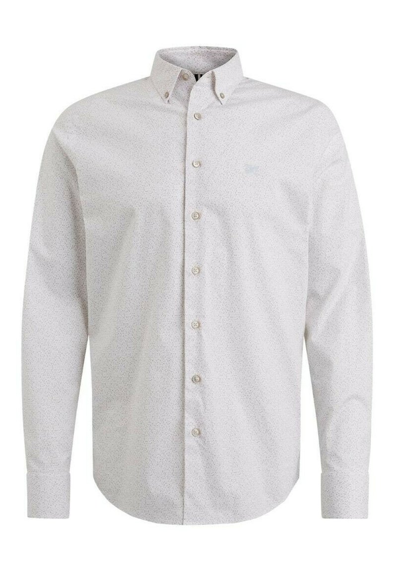 Witte langärmelige shirt met een button-down kraag, voorzien van een subtiel gespikkeld patroon en standaard knoopsluitingen aan de voorkant.
