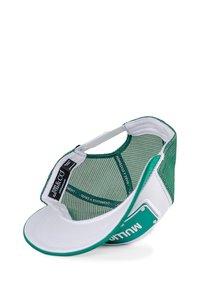 White cap with green mesh back. Curved brim and 'MULITTO' printed on the side. Inside features branding label and green accent stitching.