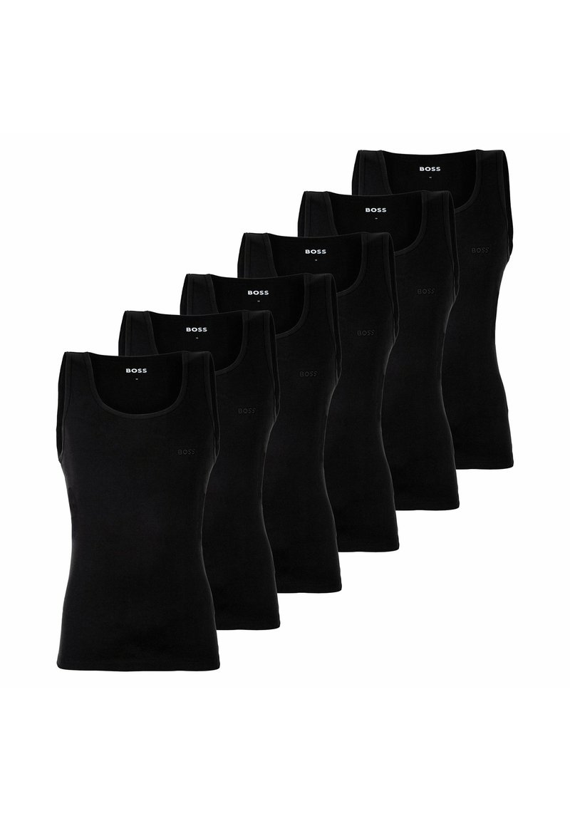 Sex svarta linnen av bomull med rund hals och ärmlös design. Varje linne har en subtil logotyp på bröstet.