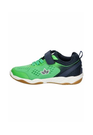 Green and navy athletic shoe with velcro strap, mesh fabric, white sole, and brown tread, shown from the outer side.