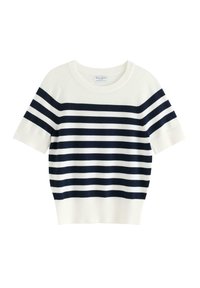 Krótki sweter dzianinowy z krótkim rękawem w kolorze kremowym z granatowymi poziomymi paskami. Posiada okrągły dekolt i ściągacze przy rękawach. Miękka faktura, casualowy design.