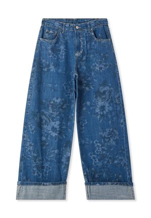Jeans in denim a gamba larga di colore blu scuro con un motivo floreale. Presentano cinque tasche e orli arrotolati con un accento di denim blu più chiaro.