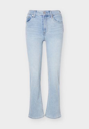 Hele sinised kõrge vöökohaga bootcut teksad, viie taskuga, nööp-kinnitusega ja tagasihoidlike triipudega esipidisel reitel.