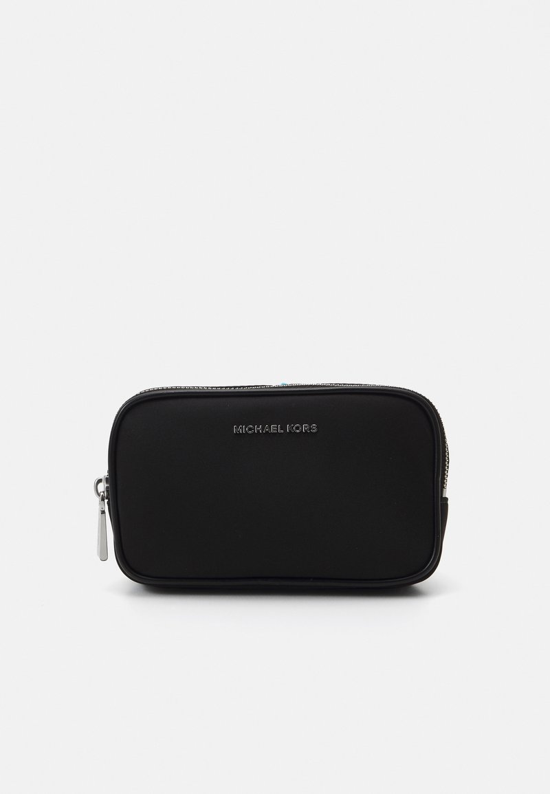 Black zippered pouch with a smooth texture, featuring a silver logo on the front. Rectangular shape with rounded edges.