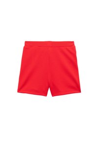 Sorte røde teksturerede stofshorts med elastisk talje, vist fladt på en hvid baggrund.