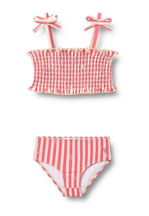 Pink og beige stribet todelt badedragt med smocked top med sløjfestrapper og matchende højtaljede trusser med små blomsterdetaljer.