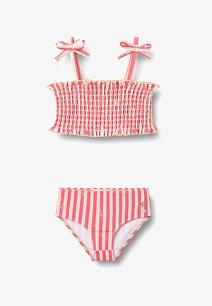 Costum de baie din două piese, cu dungi roz și bej, cu top cu efect smock prevăzut cu bretele cu fundiță și slip cu talie înaltă, asortat, decorat cu mici modele florale.