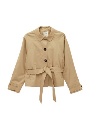 Beige lang mouw jasje met kraag, twee knopen aan de voorkant, zijzakken, knoopmanchetten en een tailleceintuur.