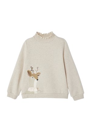 Beige trui met lange mouwen voor peuters, met een gerimpelde hoge kraag en een glimlachende rendierafbeelding met pailletten op de gewei aan de voorkant.