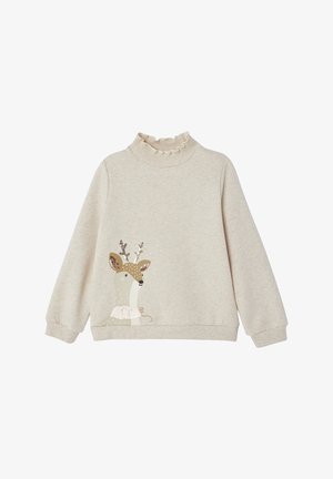 Pull beige à manches longues pour tout-petit avec col montant à volants et un motif de renne souriant avec des bois en sequins sur le devant.