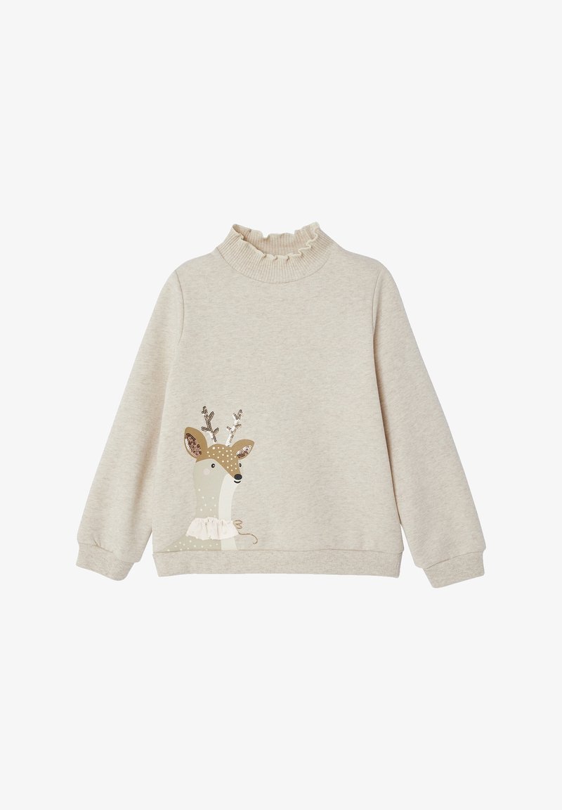 Pull beige à manches longues pour tout-petit avec col montant à volants et un motif de renne souriant avec des bois en sequins sur le devant.