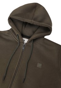 Olijfgroene hoodie met rits, voorzien van een gladde textuur, gevlochten trekkoorden en een klein logopatch op de borst.