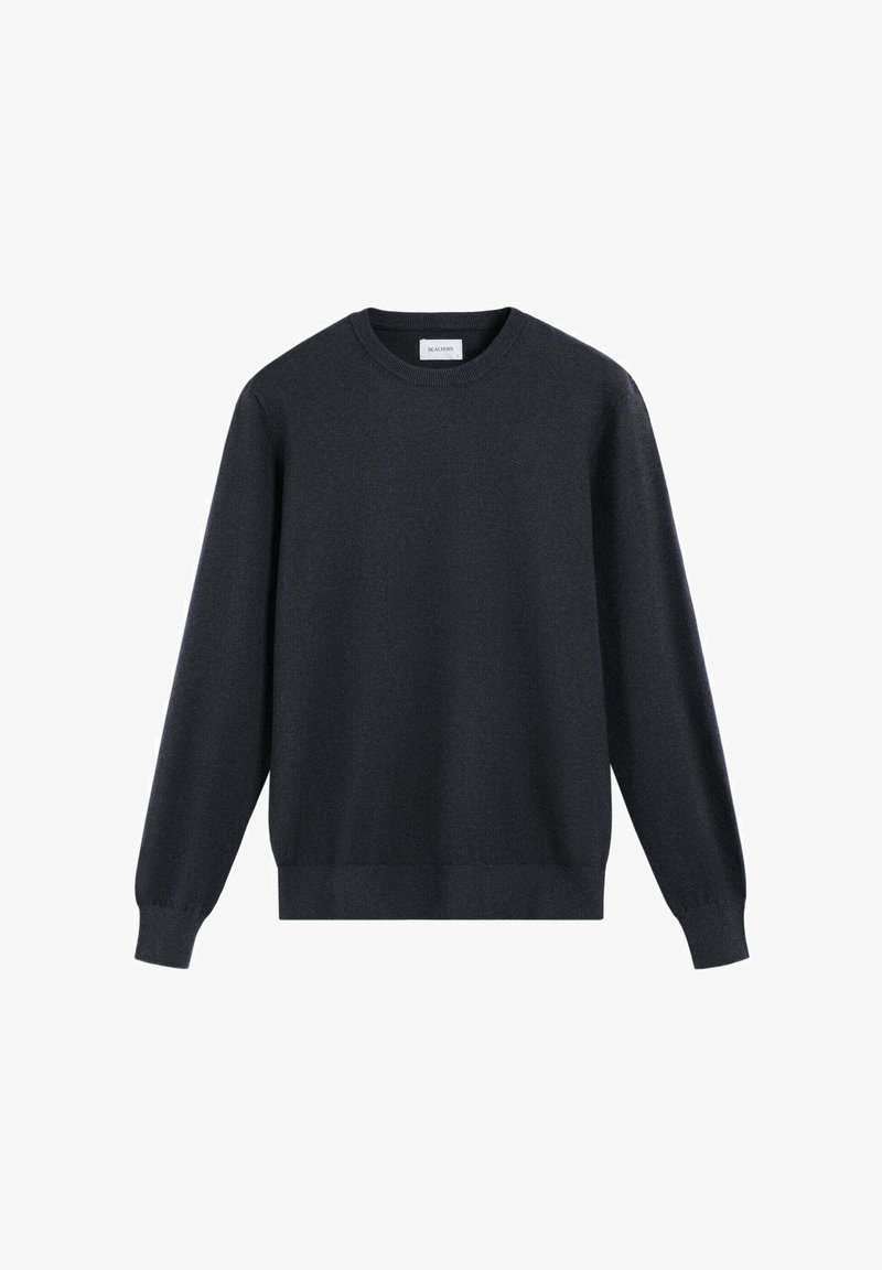 Maglione grigio scuro con collo a giro e maniche lunghe, con polsini e orlo a coste. Realizzato in un materiale morbido con una texture liscia.