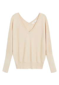 Pull beige à col en V avec manches longues, poignets côtelés et coupe légèrement ample. Fabriqué en tissu doux et texturé, avec de subtiles rayures horizontales.