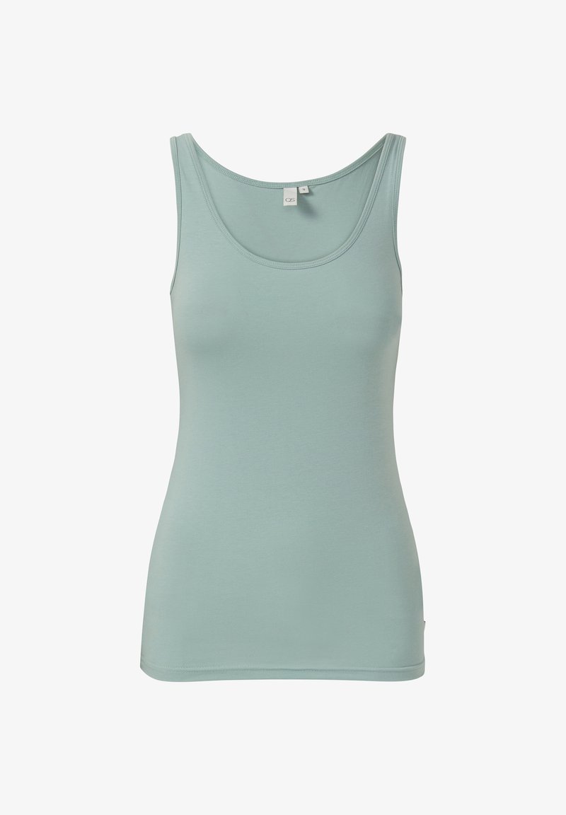 Šviesiai mėlynas tank top'as, pagamintas iš švelnios, elastingos medžiagos, su apvaliu iškirpimu ir lieknu siluetu. Nėra matomų raštų ar akcentų.
